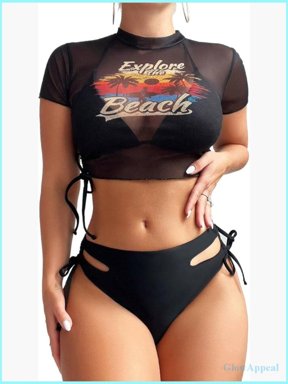 3 Piece Swimsuit Set Halter String Bikini Mesh Cover Up